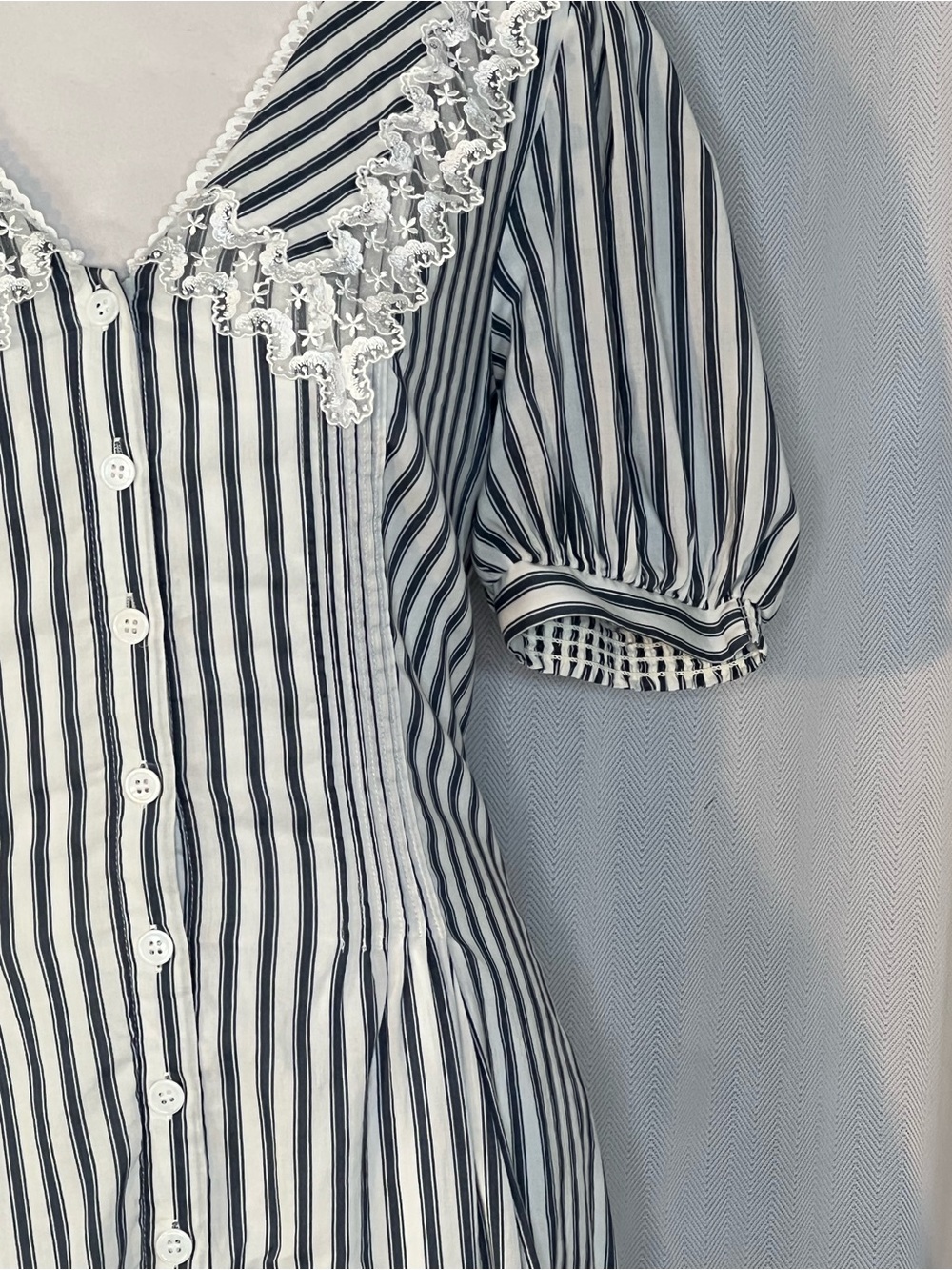 Reformation Nonie Mini Dress White W/Black Stripes Lace Collar Short Sleeves 6 ๐ - Picture 5 of 13